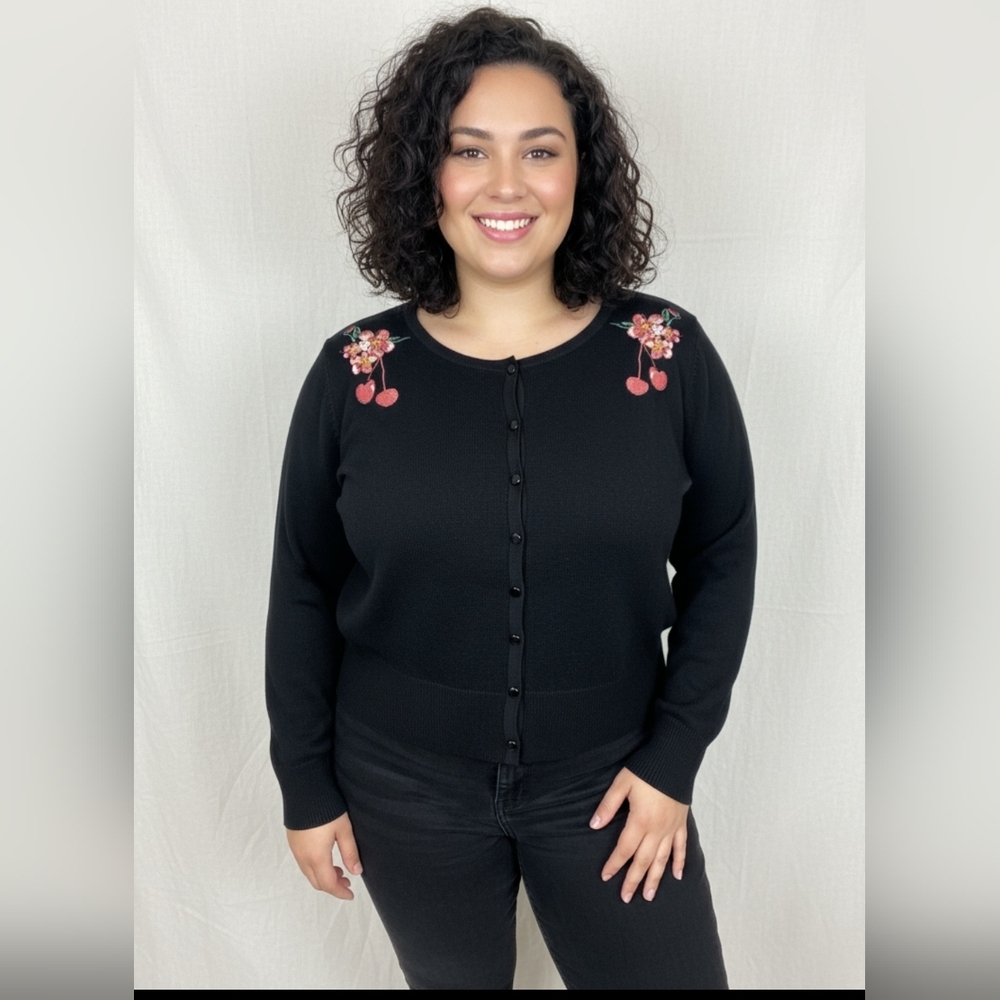 NWOT City Chic Black "Cherry" Cardigan Sz S (16)